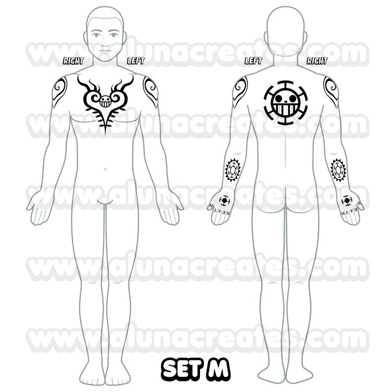 Puede incluir: Un dibujo en blanco y negro de una persona con tatuajes en los brazos y el pecho. Los tatuajes son de una calavera con un coraz&oacute;n y un s&iacute;mbolo con una calavera y huesos cruzados. El texto "SET M" est&aacute; en la parte inferior de la imagen.