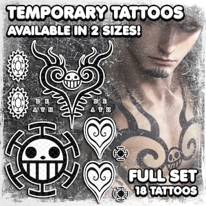 Tatuajes Temporales | Realistas | Tatuaje Falso Resistente al Agua | Cosplay | Disfraz de Halloween | Trafalgar | SET COMPLETO | 18 TATUAJES
