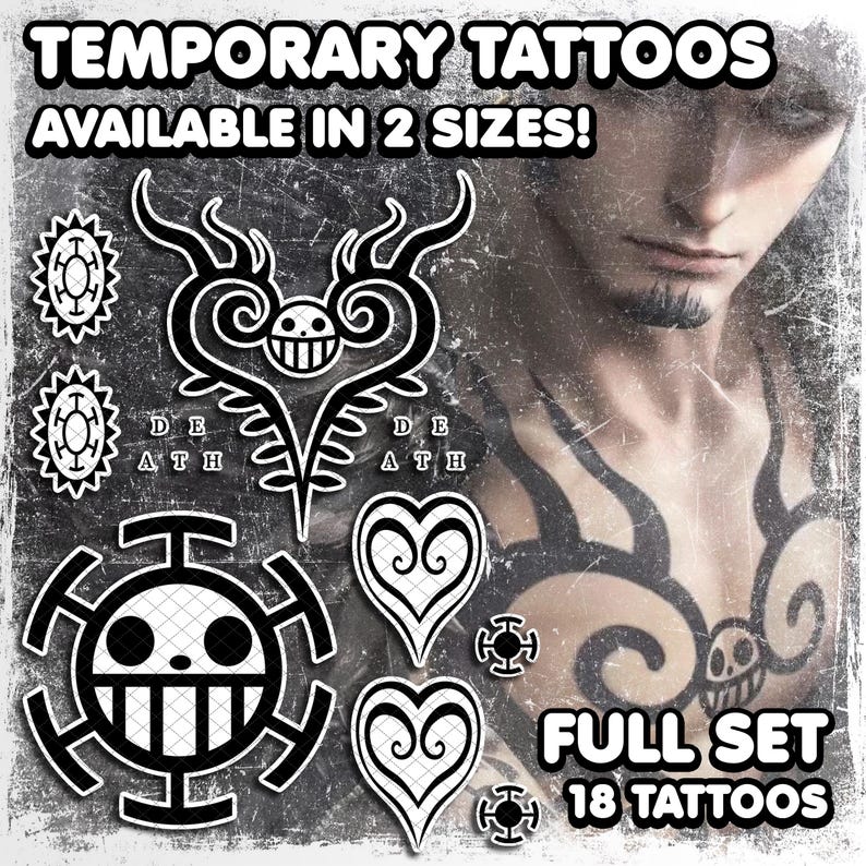 Tatuajes Temporales | Realistas | Tatuaje Falso Resistente al Agua | Cosplay | Disfraz de Halloween | Trafalgar | SET COMPLETO | 18 TATUAJES imagen 1