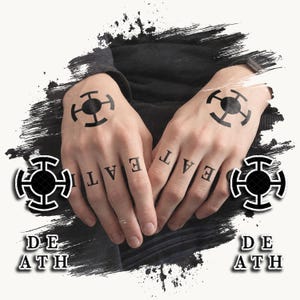 May include: Temporary tattoos featuring black ink designs. The back of each hand displays a circular symbol with four radiating arms. The fingers are marked with the letters D, E, A, T, and H in a bold, serif font, arranged across the knuckles.