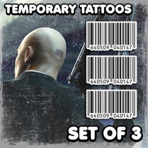 Hіtmаn | Temporary Tattoos | Realistic | Barcode Tattoo | Head Tattoo | Cosplay | Costume | Tattoos | Fake Tattoo | Halloween | SET OF 3
