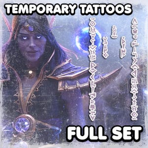 May include: Image of a fantasy-themed temporary tattoo set. The image features a woman with glowing eyes and a blue orb. The words "TEMPORARY TATTOOS" and "FULL SET" are displayed at the top and bottom. Several stylized symbols are also present.