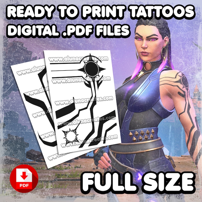 Puede incluir: Archivos PDF digitales imprimibles de tatuajes con un dise&ntilde;o geom&eacute;trico en blanco y negro. La imagen muestra a una mujer con cabello morado que lleva un atuendo negro y azul con los tatuajes en sus brazos y pecho. El texto "READY TO PRINT TATTOOS DIGITAL.PDF FILES" est&aacute; en la parte superior de la imagen. El texto "FULL SIZE" est&aacute; en la parte inferior de la imagen.