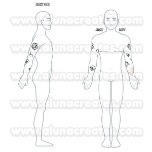 May include: A line drawing of a person with tattoos on both arms. The tattoos are black and white and feature various designs. The words "RIGHT SIDE", "RIGHT", and "LEFT" are written on the image. The website "www.alunacreates.com" is watermarked across the image.