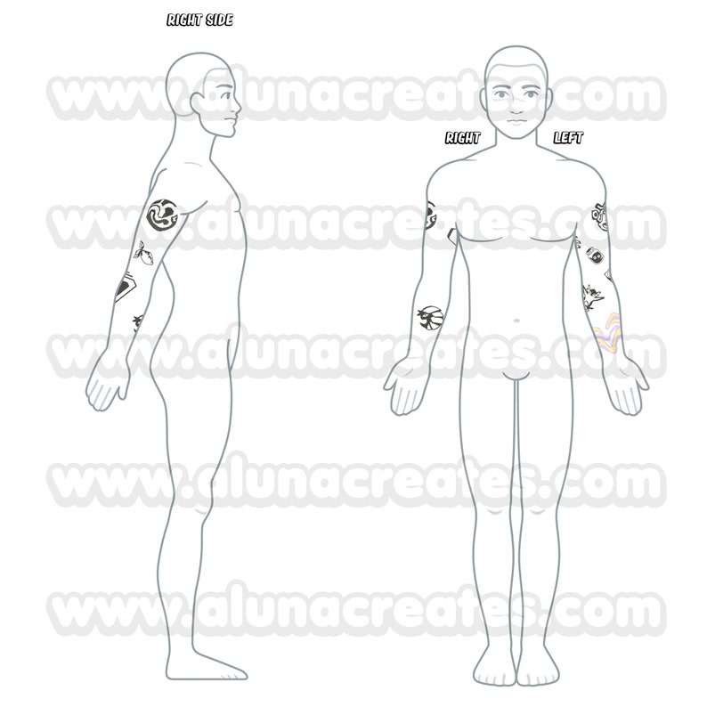 May include: A line drawing of a person with tattoos on both arms. The tattoos are black and white and feature various designs. The words "RIGHT SIDE", "RIGHT", and "LEFT" are written on the image. The website "www.alunacreates.com" is watermarked across the image.