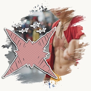 May include: A pink, four-pointed star-shaped graphic with cross-hatch shading and small star accents, layered over a photograph of a person wearing an open red shirt with a large, jagged, brown X-shaped scar on their chest and a rope necklace.