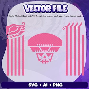 May include: Pink vector file design with a skull, wings, and vertical lines. The text "VECTOR FILE" is at the top, with file format details below. The bottom of the image displays "SVG • AI • PNG".
