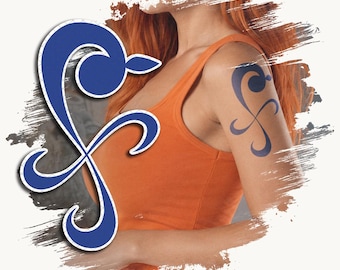 May include: A blue and white stylized symbol featuring curved lines and a circular element. The design is presented as a graphic icon and also appears as a dark blue temporary tattoo on an upper arm. The person wears an orange tank top.