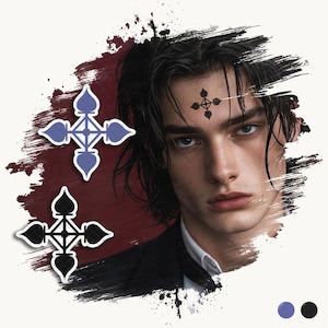 May include: A set of two temporary tattoos featuring a symmetrical four-pointed cross design with spade-like ends. One tattoo is purple and the other is black. The design is shown applied to the forehead of a person with dark hair and a black suit.