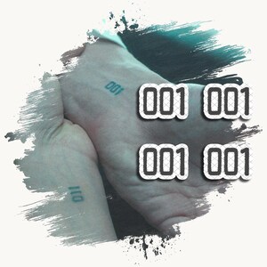 May include: A set of four temporary tattoos featuring the number 001 in a bold, dark font with a subtle grid pattern overlay. The design is presented as a collection of individual stickers, each displaying the identical numerical sequence 001.
