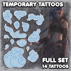 Jinx | Temporary Tattoos | Realistic | Cosplay | Costume | LoL | Halloween | Transfer Tattoo | Cloud Tattoos | FULL SET | 14 TATTOOS