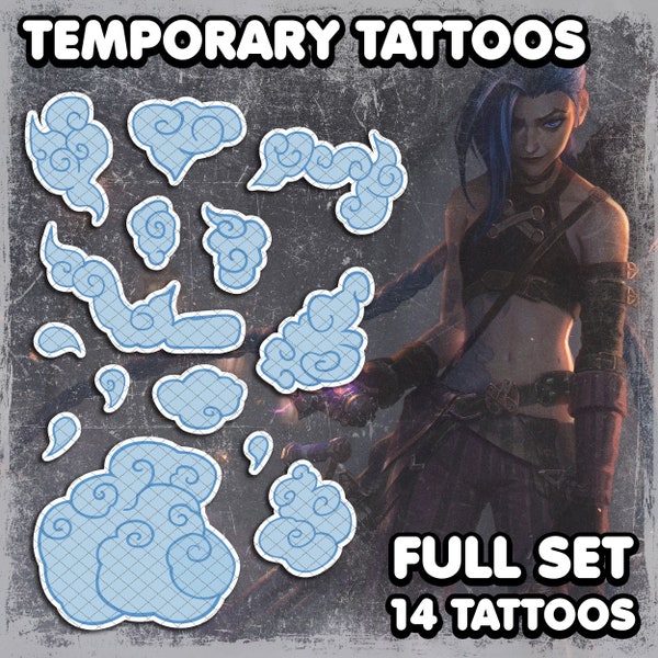 Jinx | Temporary Tattoos | Realistic | Cosplay | Costume | LoL | Halloween | Transfer Tattoo | Cloud Tattoos | FULL SET | 14 TATTOOS