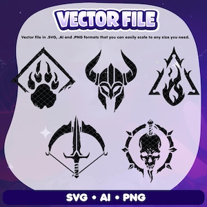 May include: Black vector file graphics in .SVG, .AI, and .PNG formats. The image features a paw print, a horned helmet, flames, a bow and arrow, and a skull. The text "VECTOR FILE" and file type information are also included.