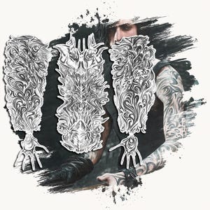 Peut inclure: Trois planches de tatouages temporaires en noir et blanc présentant des motifs organiques complexes et tourbillonnants. Deux modèles sont en forme de manches allongées avec des mains, et un motif central présente un design symétrique et dentelé.