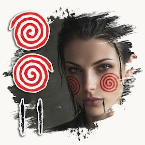 May include: A graphic design featuring a portrait of a person with red spiral cheek markings and black vertical lines extending from the mouth. Two additional red spiral icons and two black vertical brushstroke marks are positioned to the left.