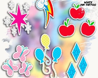 May include: A collection of colorful temporary tattoos featuring a pink star, a rainbow cloud, red apples, pink butterflies, blue balloons, and blue diamonds. The text WHITE INK TATTOO is printed in the upper right corner of the sticker sheet.