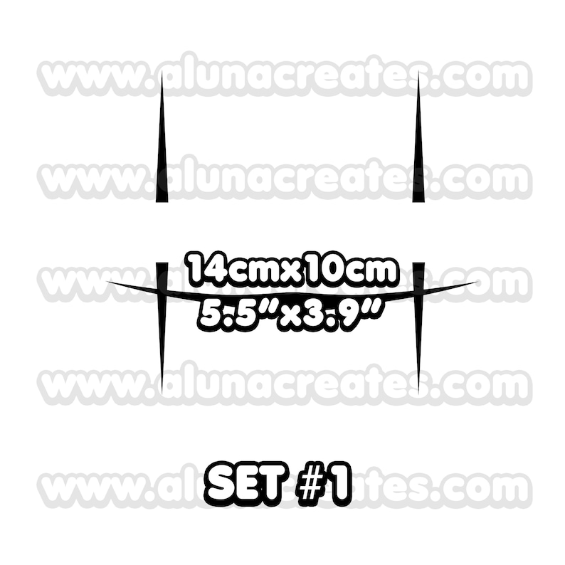 K&ouml;nnte beinhalten: Schwarzwei&szlig;es Grafikdesign aus zwei vertikalen Linien, die durch eine horizontale Linie verbunden sind. Der Text "14cmx10cm 5:5"x3:9"" steht unter der horizontalen Linie. Der Text "SET #1" steht unter dem Grafikdesign.