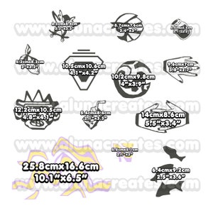 May include: A collection of black and white graphic illustrations, including a skateboard with wings, a geometric shape, a lemon, a diamond, a soccer ball, a hand, a crown, a drink, a hand, a swirl, and fish. Measurements are in centimetres.