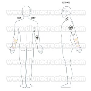May include: A line drawing of a human figure with tattoos on the arms and neck. The tattoos feature geometric shapes, a coffee cup, and a swirling design in yellow, purple, and white. The image includes the words "LEFT" and "RIGHT".