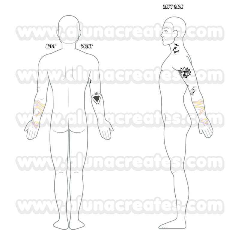May include: A line drawing of a human figure with tattoos on the arms and neck. The tattoos feature geometric shapes, a coffee cup, and a swirling design in yellow, purple, and white. The image includes the words "LEFT" and "RIGHT".