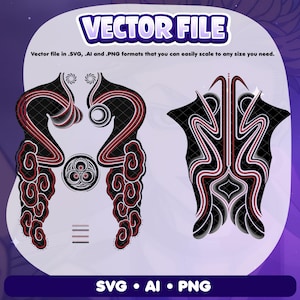 Pode incluir: Um gráfico de arquivo vetorial digital com dois designs simétricos em preto, vermelho e branco. O texto "VECTOR FILE" está no topo, com detalhes do formato do arquivo abaixo. O texto na parte inferior diz "SVG • AI • PNG".