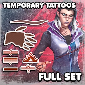 May include: A full set of temporary tattoos featuring a hand, a crown, a triangle, and a curved line. The tattoos are brown and red. The text "FULL SET" is at the bottom of the image.