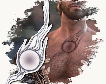 May include: A digital illustration of a circular emblem with flowing, flame-like lines extending upward and downward. The design features a grid pattern overlay on the central circle and is shown applied to a chest, with a dark blue and black color palette.