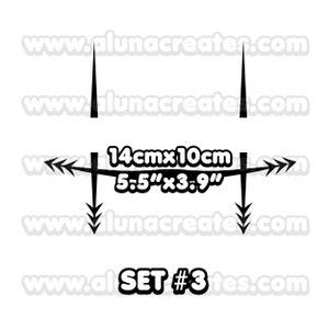 K&ouml;nnte beinhalten: Schwarzwei&szlig;es Grafikdesign eines Satzes von Pfeilen, die in verschiedene Richtungen zeigen. Das Design enth&auml;lt den Text "14cm x 10cm" und "5.5" x 3.9" sowie den Text "SET #3".