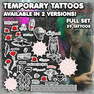 Peut inclure: Un ensemble de 39 tatouages temporaires présentant divers motifs, notamment un crâne, un hibou, une toile d'araignée, une rose, une sirène, un cœur, une arme à feu et un camion de pompiers. Les tatouages sont imprimés sur un fond blanc et sont prêts à être appliqués sur la peau.