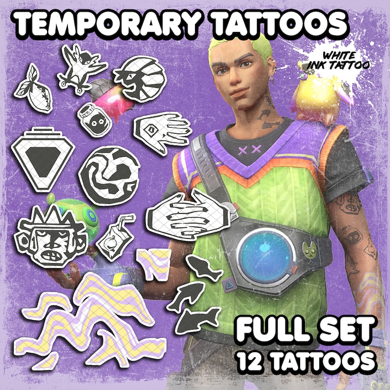 May include: A full set of 12 temporary tattoos with white ink. The set includes various black and white designs, such as a hand, a lemon, and abstract shapes. The words "TEMPORARY TATTOOS" and "FULL SET 12 TATTOOS" are displayed.