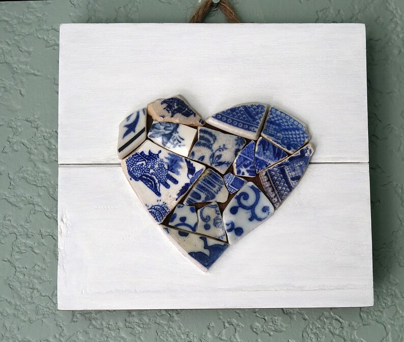 one of a kind Heart sea glass inspired blue and white tumbled pottery pendant beach pottery heart