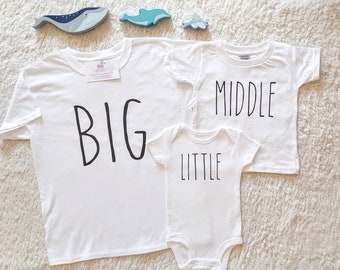 Big, Middle, Little, Matching Sibling Shirts, Third Pregnancy Announcement