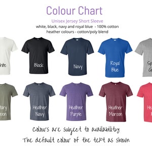 Pode incluir: Carta de cores mostrando 10 cores diferentes de camiseta: branco, preto, azul marinho, azul royal, cinza esportivo, verde militar, azul marinho mesclado, roxo mesclado, vinho mesclado e vermelho mesclado. O texto "Colour Chart" est&aacute; no topo da imagem. O texto "Unisex Jersey Short Sleeve" est&aacute; abaixo do texto "Colour Chart". O texto "white, black, navy and royal blue - 100% cotton" est&aacute; abaixo do texto "Unisex Jersey Short Sleeve". O texto "heather colours - cotton/poly blend" est&aacute; abaixo do texto "white, black, navy and royal blue - 100% cotton". O texto "Colours are subject to availability" est&aacute; abaixo das amostras de cores. O texto "The default colour of the text as shown" est&aacute; abaixo do texto "Colours are subject to availability".