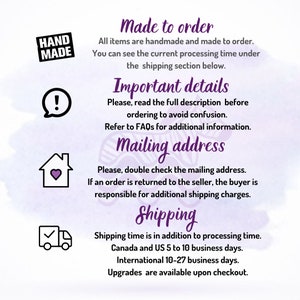 Pode incluir: Um gr&aacute;fico roxo e branco com texto que diz "HAND MADE", "Feito por encomenda", "Detalhes importantes", "Endere&ccedil;o de envio" e "Envio". O gr&aacute;fico tamb&eacute;m inclui &iacute;cones de uma casa com um cora&ccedil;&atilde;o, um ponto de exclama&ccedil;&atilde;o em um bal&atilde;o de di&aacute;logo e um caminh&atilde;o com uma marca de verifica&ccedil;&atilde;o.