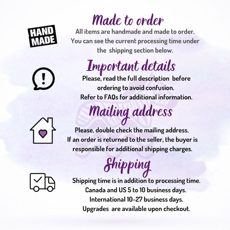 Pode incluir: Um gr&aacute;fico roxo e branco com texto que diz "HAND MADE", "Feito por encomenda", "Detalhes importantes", "Endere&ccedil;o de envio" e "Envio". O gr&aacute;fico tamb&eacute;m inclui &iacute;cones de uma casa com um cora&ccedil;&atilde;o, um ponto de exclama&ccedil;&atilde;o em um bal&atilde;o de di&aacute;logo e um caminh&atilde;o com uma marca de verifica&ccedil;&atilde;o.