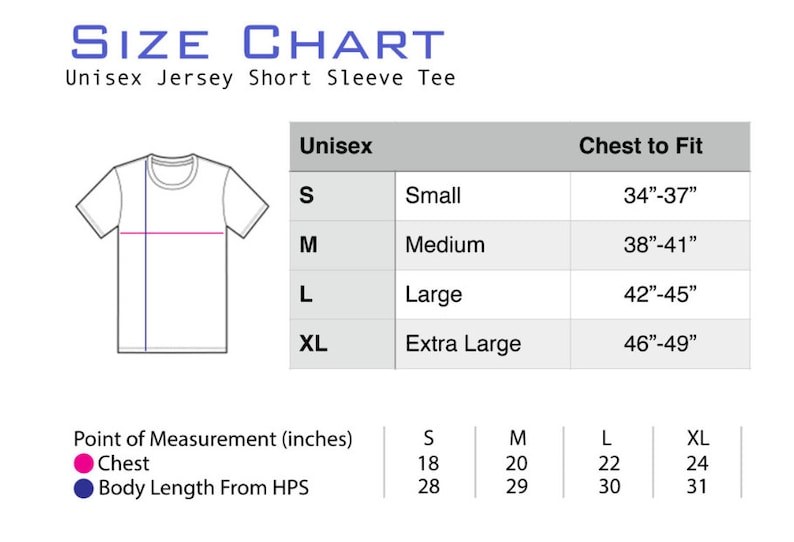 Pode incluir: Tabela de tamanhos para uma camiseta de manga curta de malha unisex. A tabela mostra os tamanhos S, M, L e XL com as medidas de peito correspondentes em polegadas e as medidas de comprimento do corpo em polegadas.