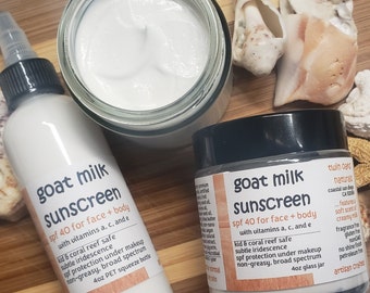 goat milk sunscreen spf 40, subtle iridescence non-greasy for normal to dry skin -- conceal blemishes, kid + reef safe (coconut oil free)