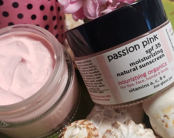 passion pink spf 35 moisturizing natural sunscreen with nourishing organics dry skin face to feet, rubs on pink to clear (coconut oil free)