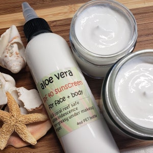 organic aloe vera sunscreen spf 40 face & body (vegan), subtle iridescence non-greasy, normal to dry skin, kid reef safe (coconut oil free)