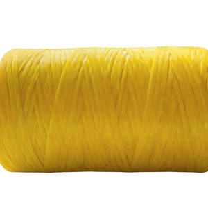 May include: A cylindrical spool of bright yellow twine, tightly wound with a visible fibrous texture. The cord is wrapped in a continuous pattern, creating a dense, uniform shape with rounded edges, showcasing a vibrant, solid yellow color throughout.