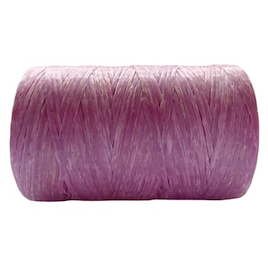 May include: A spool of lavender-colored raffia ribbon. The ribbon is tightly wound, showing a textured surface. The raffia has a slightly shiny appearance, suggesting a natural fiber. Ideal for crafting and gift wrapping.