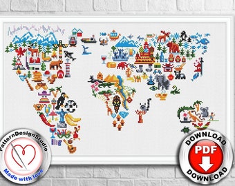 World map Cross Stitch Pattern PDF Travel cross stitch Modern Embroidery Easy Cross Stitch Globe Cross Stitch Needlecraft Pattern #P151