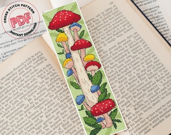 Mushroom bookmark cross stitch pattern PDF, Unique toadstool mushroom gifts, Botanical embroidery, Fall handmade bookmark book lover gift