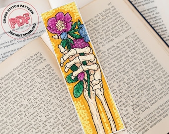 Skeleton hand bookmark cross stitch pattern PDF, Gothic hand holding flowers, Handmade spooky bookmark pattern, Book lover gift, Gothic gift