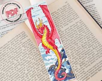 Dragon bookmark cross stitch pattern PDF, Fantasy dragon embroidery pattern, Red Chinese dragon handmade bookmark, Book lover gift