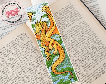 Dragon bookmark cross stitch pattern PDF, Fantasy dragon embroidery pattern, Fairy yellow dragon handmade bookmark, Book lover gift