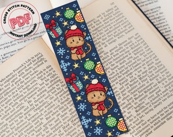 Christmas bookmark cross stitch pattern PDF, Holiday handmade bookmark pattern, Cat cross stitch chart, Christmas embroidery Book lover gift
