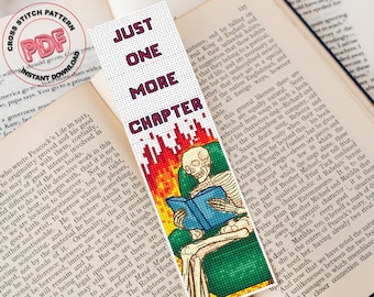 Gothic bookmark cross stitch pattern PDF, One more chapter Skeleton cross stitch, Funny bookish gift, Handmade book accessories, Reader gift