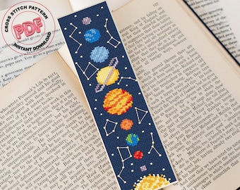 Solar system bookmark cross stitch pattern PDF, Unique space pattern, Astronomy embroidery, Cosmos handmade bookmark book lover gift