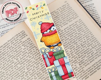 Christmas penguin bookmark cross stitch pattern PDF, Kids holiday bookmark pattern, Cute penguin, Christmas gift embroidery, Book lover gift